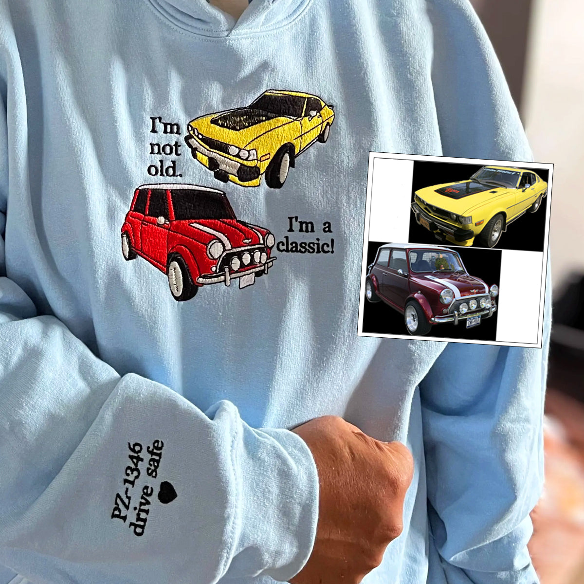 Custom Embroidered Full-Color Car Sweatshirt Hoodie from Your Photo with Initials on Sleeve