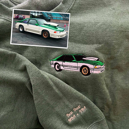 Custom Embroidered Full-Color Car Sweatshirt Hoodie from Your Photo with Initials on Sleeve