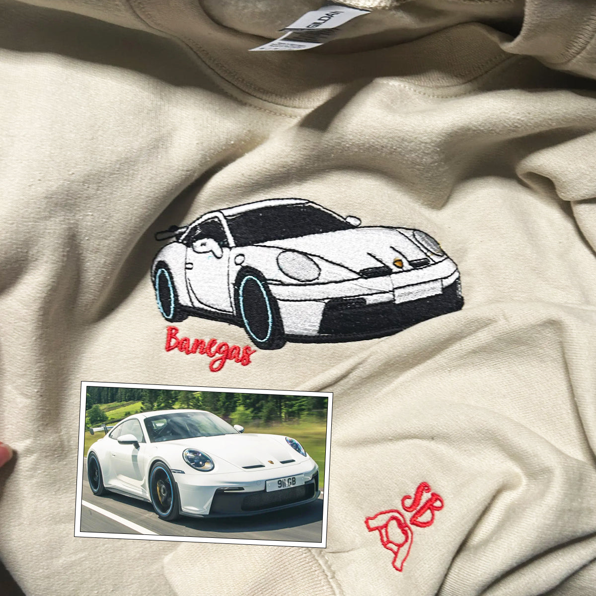 Custom Embroidered Full-Color Car Sweatshirt Hoodie from Your Photo with Initials on Sleeve