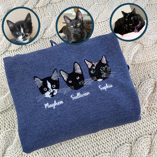 Custom Embroidered Full-Color Cat Mom Sweatshirt Hoodie from Your Photo with Names