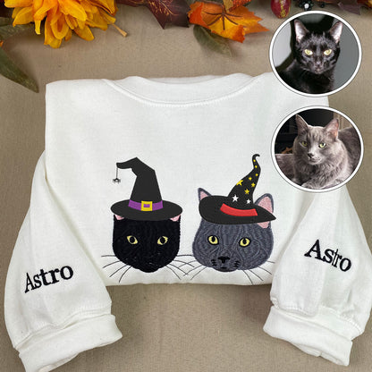 Custom Embroidered Full-Color Cat Sweatshirt Hoodie with Halloween Witch Hat