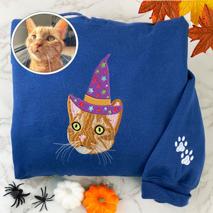 Custom Embroidered Full-Color Cat Sweatshirt Hoodie with Halloween Witch Hat