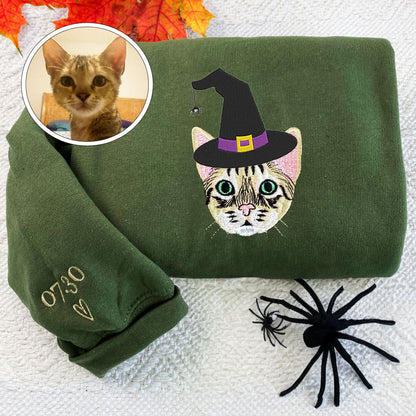 Custom Embroidered Full-Color Cat Sweatshirt Hoodie with Halloween Witch Hat