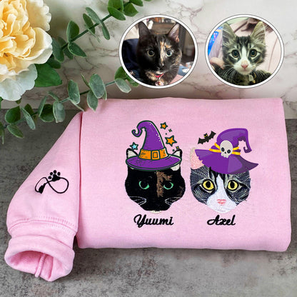 Custom Embroidered Full-Color Cat Sweatshirt Hoodie with Halloween Witch Hat