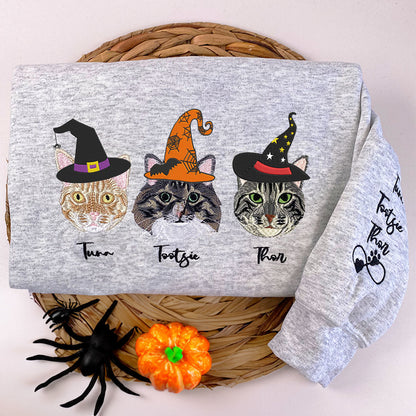 Custom Embroidered Full-Color Cat Sweatshirt Hoodie with Halloween Witch Hat