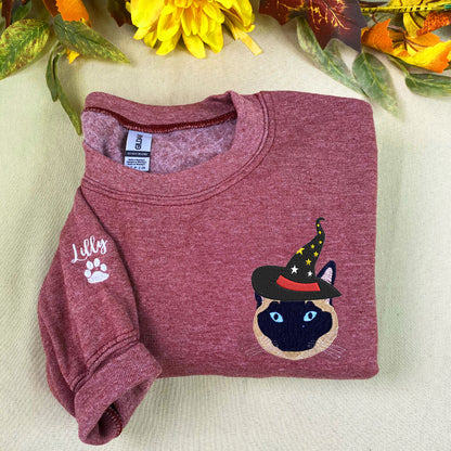 Custom Embroidered Full-Color Cat Sweatshirt Hoodie with Halloween Witch Hat