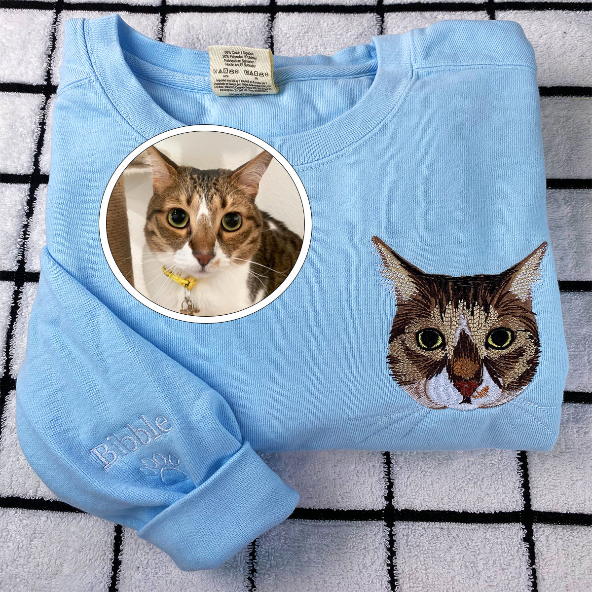 Custom Embroidered Full-Color Cat Sweatshirt from Photo with Names on Sleeve