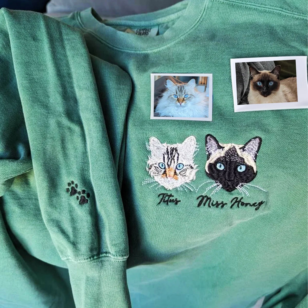 Custom Embroidered Full-Color Cat Sweatshirt from Photo with Names on Sleeve