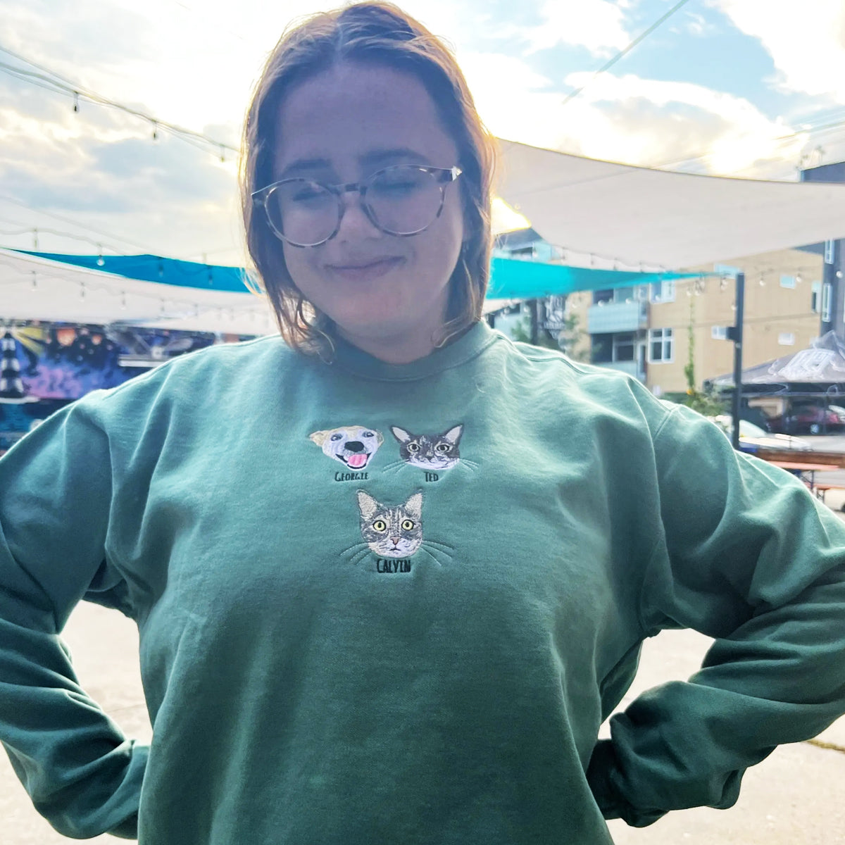 Custom Embroidered Full-Color Cat Sweatshirt from Photo with Names on Sleeve