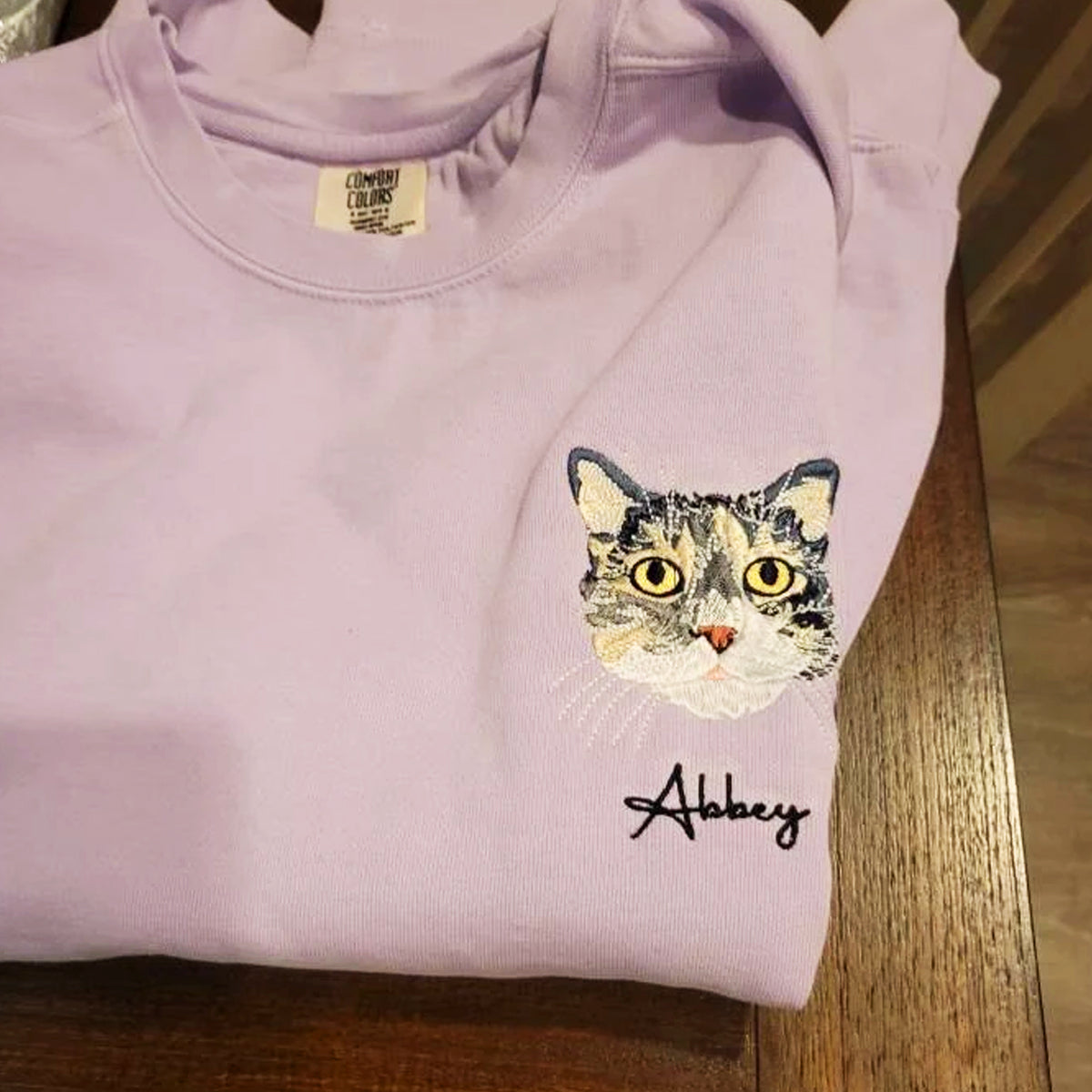 Custom Embroidered Full-Color Cat Sweatshirt from Photo with Names on Sleeve