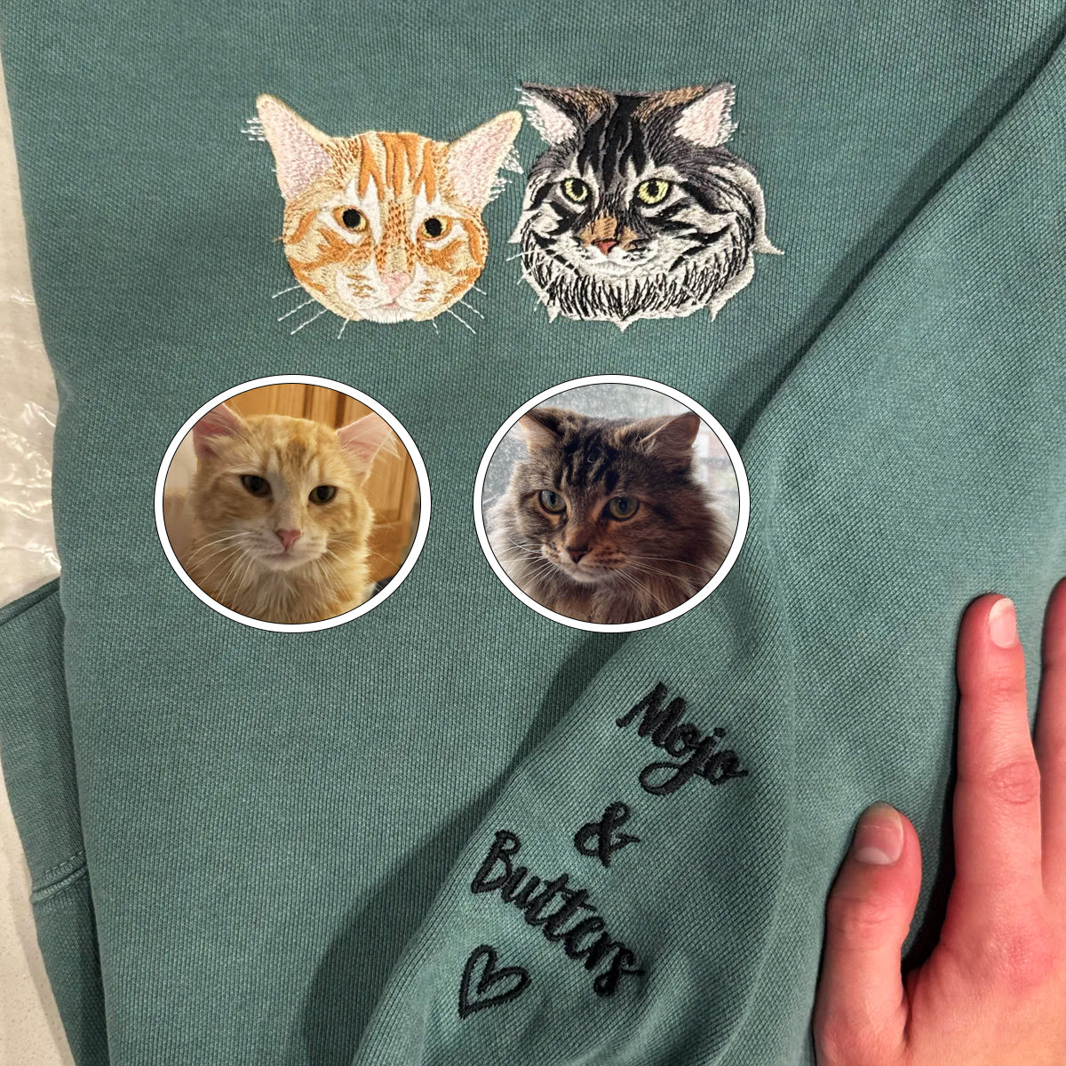 Custom Embroidered Full-Color Cat Sweatshirt from Photo with Names on Sleeve