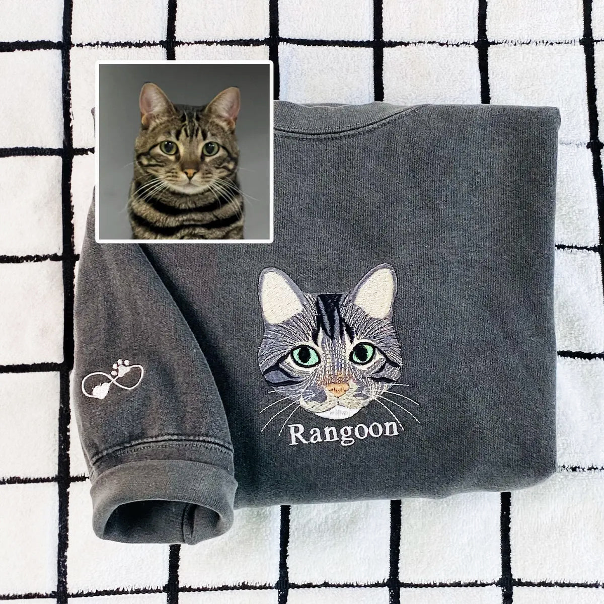 Custom Embroidered Full-Color Cat Sweatshirt from Photo with Names on Sleeve