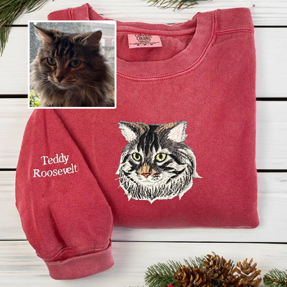 Custom Embroidered Full-Color Cat Sweatshirt from Photo with Names on Sleeve