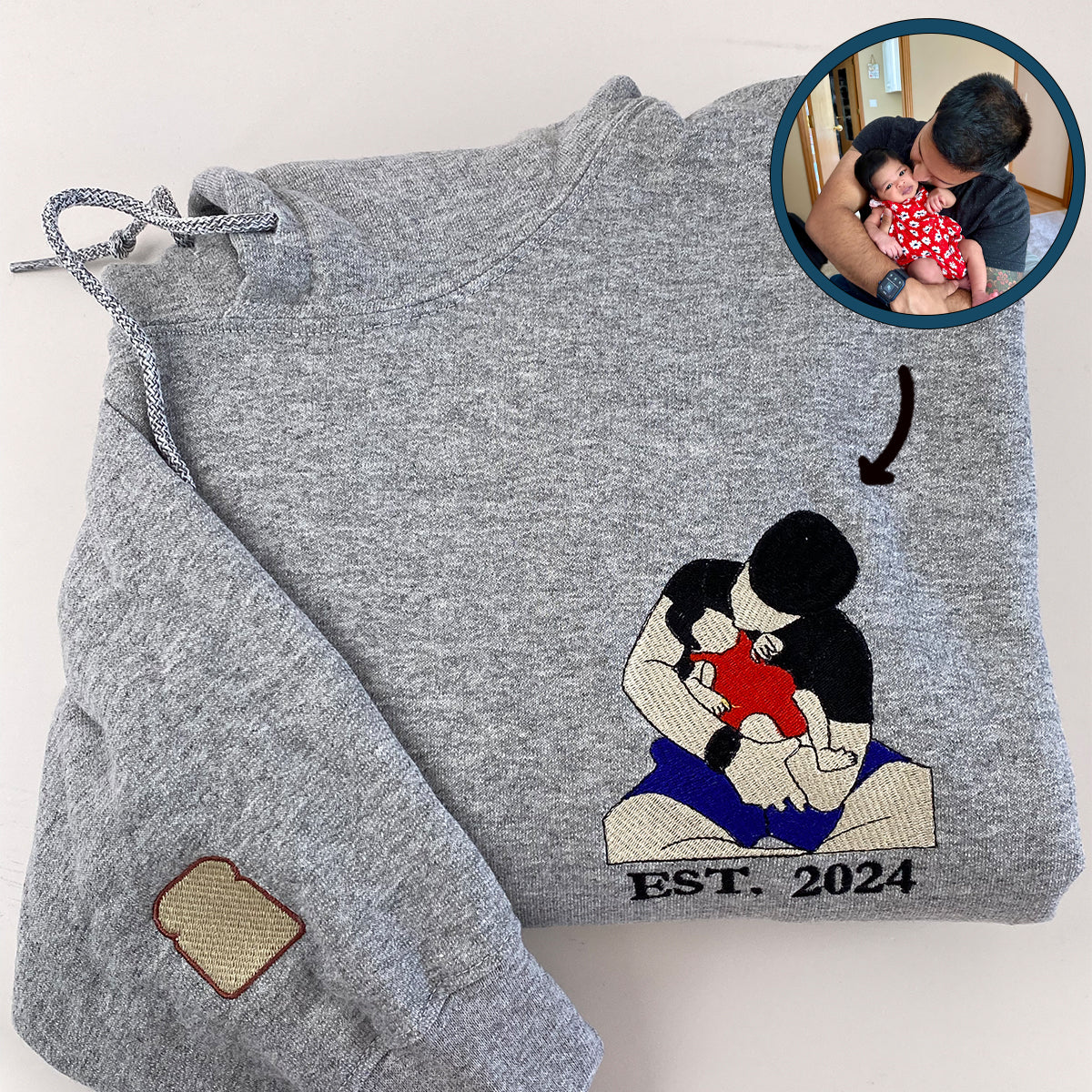 Custom Embroidered Full-Color Dad and Daughter Portrait Sweatshirt Hoodie with Initial on Sleeve