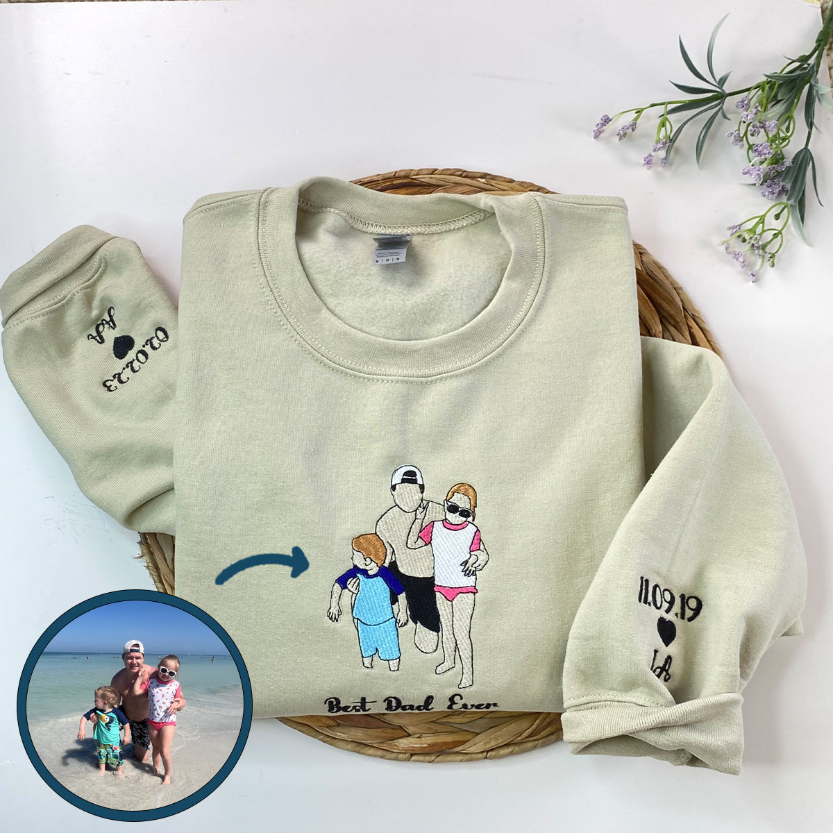 Custom Embroidered Full-Color Dad and Daughter Portrait Sweatshirt Hoodie with Initial on Sleeve