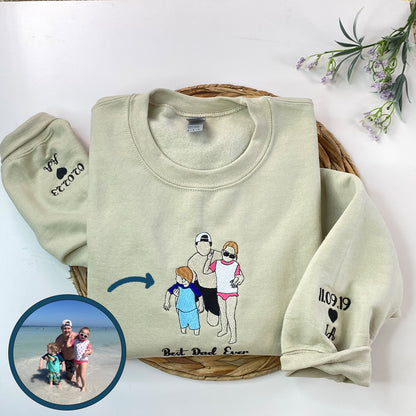 Custom Embroidered Full-Color Dad and Daughter Portrait Sweatshirt Hoodie with Initial on Sleeve