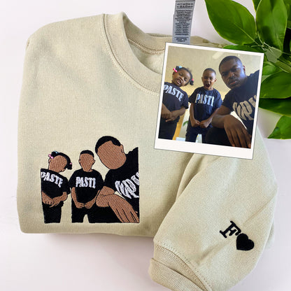 Custom Embroidered Full-Color Dad and Daughter Portrait Sweatshirt Hoodie with Initial on Sleeve