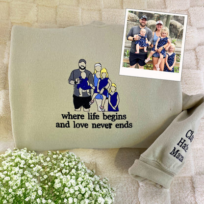 Custom Embroidered Full-Color Dad and Daughter Portrait Sweatshirt Hoodie with Initial on Sleeve
