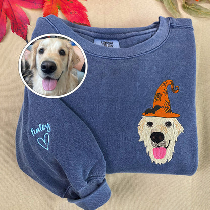 Custom Embroidered Full-Color Dog Sweatshirt with Halloween Witch Hat