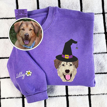 Custom Embroidered Full-Color Dog Sweatshirt with Halloween Witch Hat