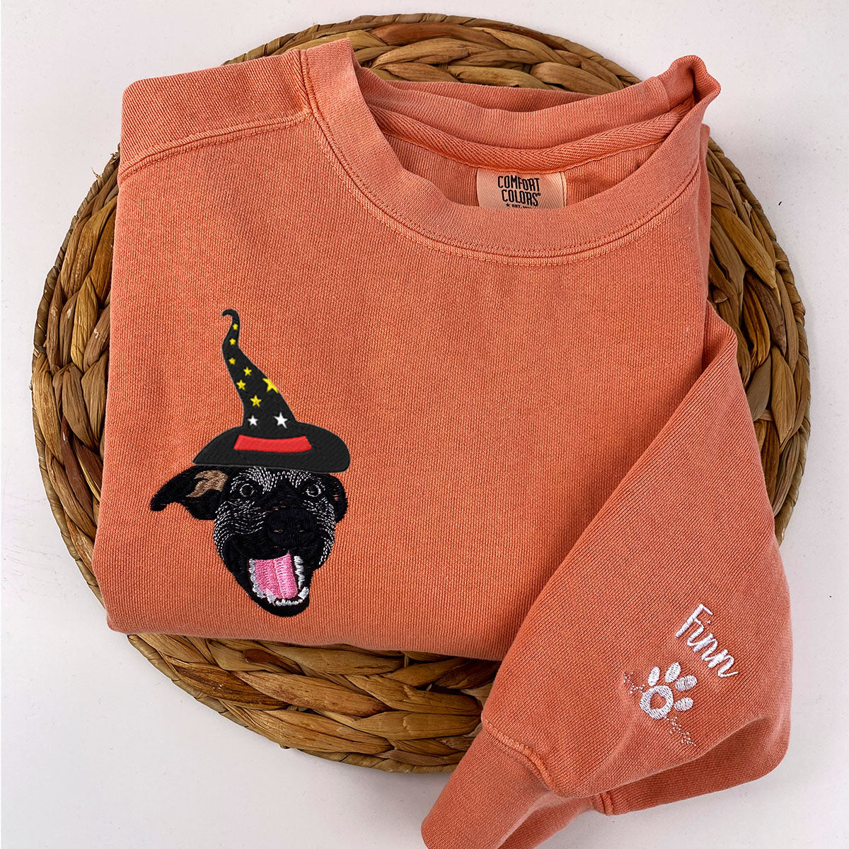 Custom Embroidered Full-Color Dog Sweatshirt with Halloween Witch Hat