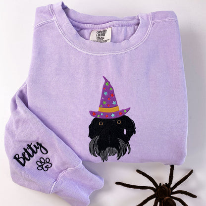 Custom Embroidered Full-Color Dog Sweatshirt with Halloween Witch Hat