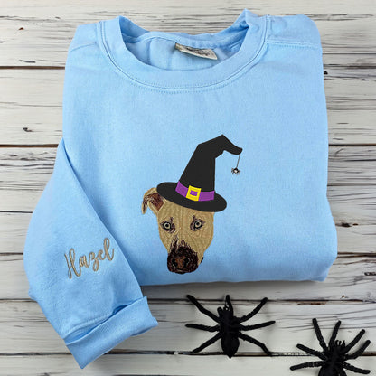 Custom Embroidered Full-Color Dog Sweatshirt with Halloween Witch Hat