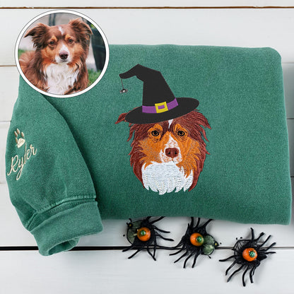 Custom Embroidered Full-Color Dog Sweatshirt with Halloween Witch Hat