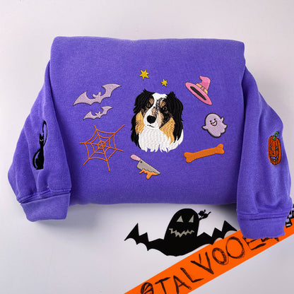 Custom Embroidered Full-Color Halloween Dog Sweatshirt from Photo with Names on Sleeve