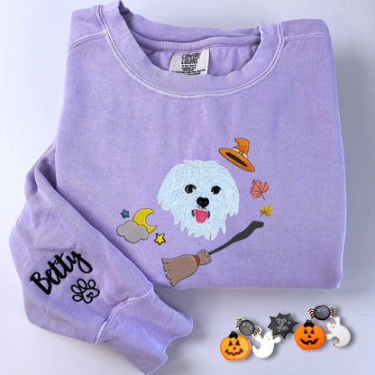 Custom Embroidered Full-Color Halloween Dog Sweatshirt from Photo with Names on Sleeve