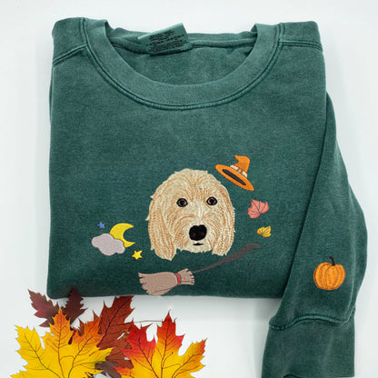 Custom Embroidered Full-Color Halloween Dog Sweatshirt from Photo with Names on Sleeve