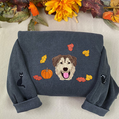 Custom Embroidered Full-Color Halloween Dog Sweatshirt from Photo with Names on Sleeve