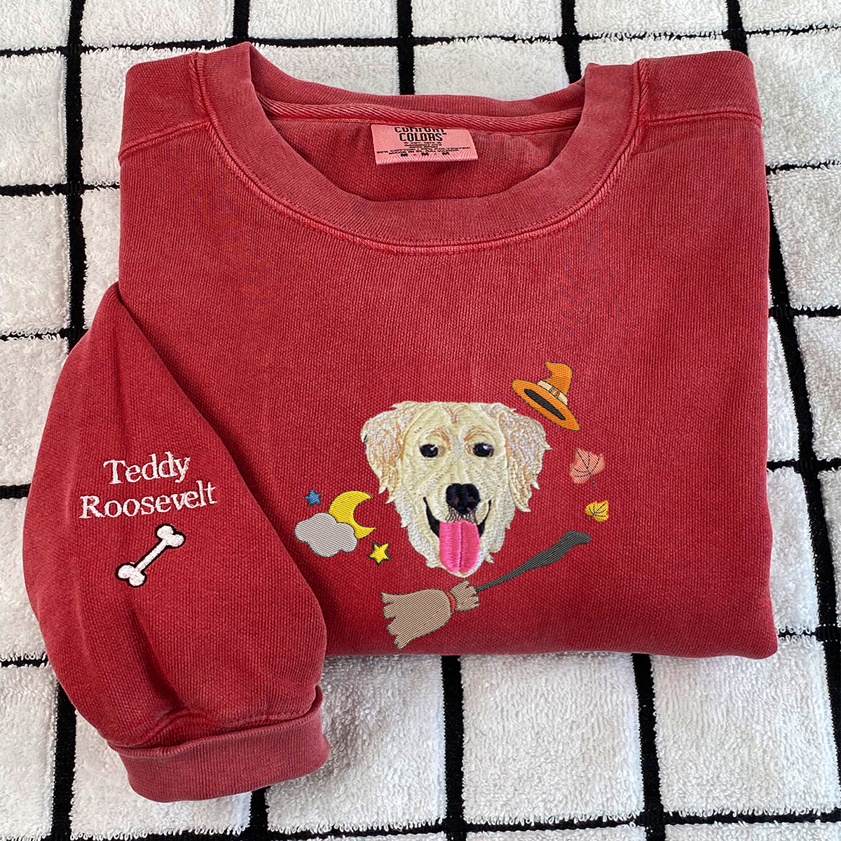 Custom Embroidered Full-Color Halloween Dog Sweatshirt from Photo with Names on Sleeve