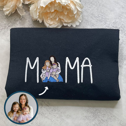 Custom Embroidered Full-Color Mama Portrait Sweatshirt Hoodie with Initial on Sleeve