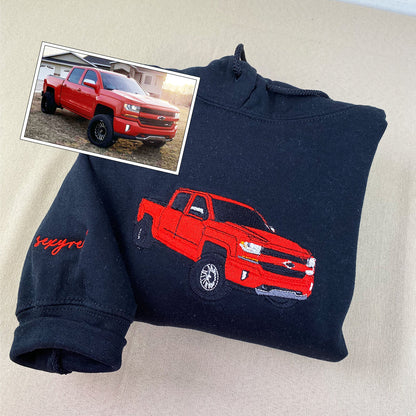 Custom Embroidered Full-Color Trucker Sweatshirt Hoodie from Your Photo with Initials on Sleeve