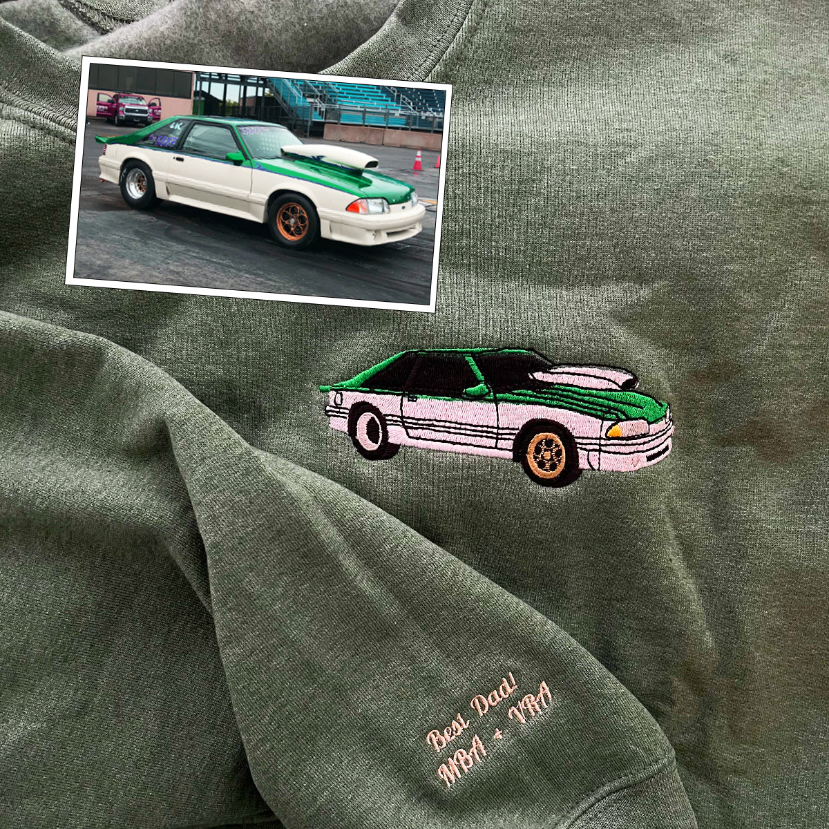 Custom Embroidered Full-Color Trucker Sweatshirt Hoodie from Your Photo with Initials on Sleeve