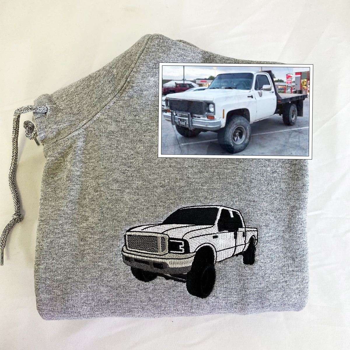 Custom Embroidered Full-Color Trucker Sweatshirt Hoodie from Your Photo with Initials on Sleeve