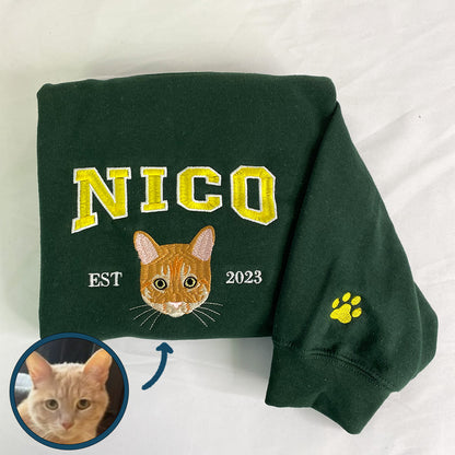 Custom Embroidered Full-Color Varsity Cat Face Sweatshirt Hoodie Using Cat Photo