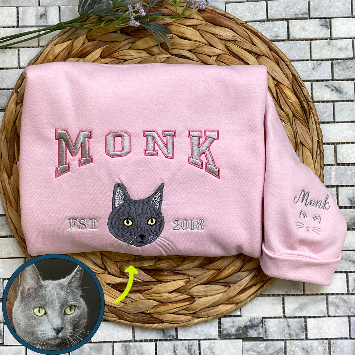 Custom Embroidered Full-Color Varsity Cat Face Sweatshirt Hoodie Using Cat Photo