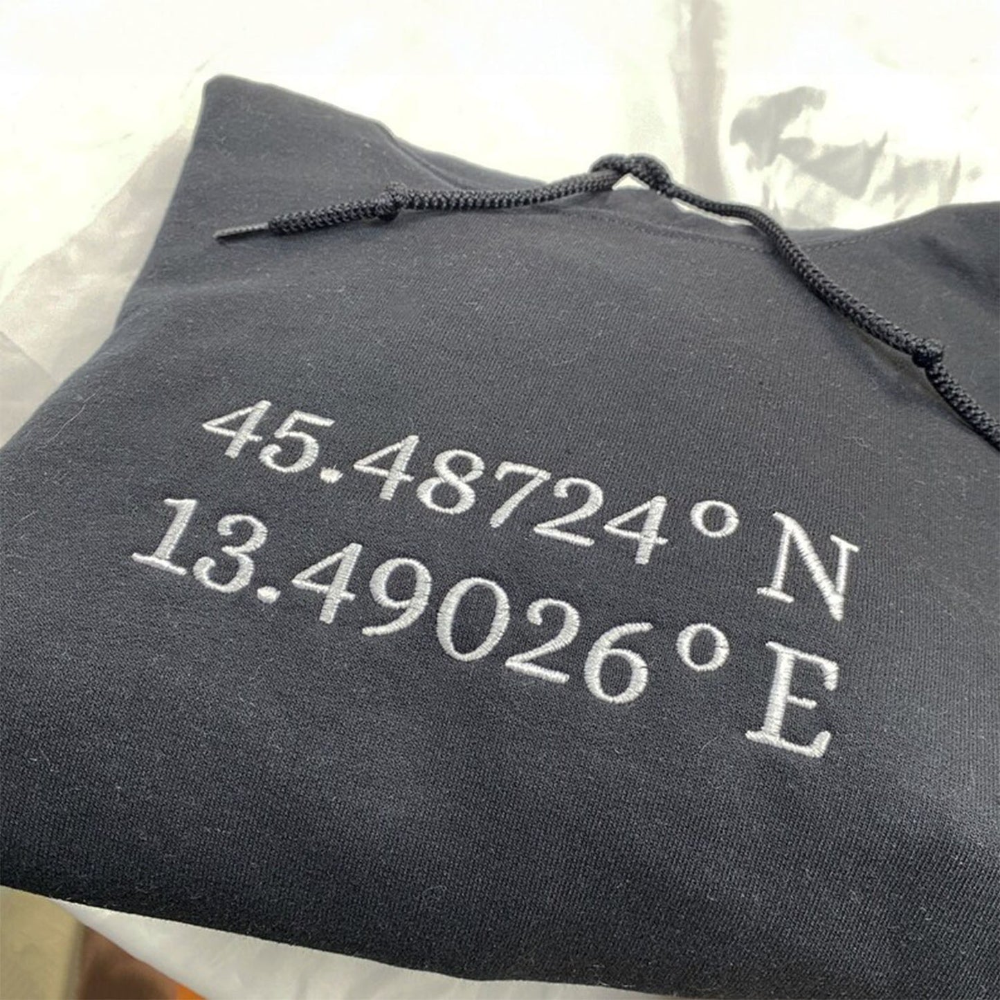 Custom Embroidered GPS Location Coordinates Sweatshirt Hoodie with Initials on Sleeve