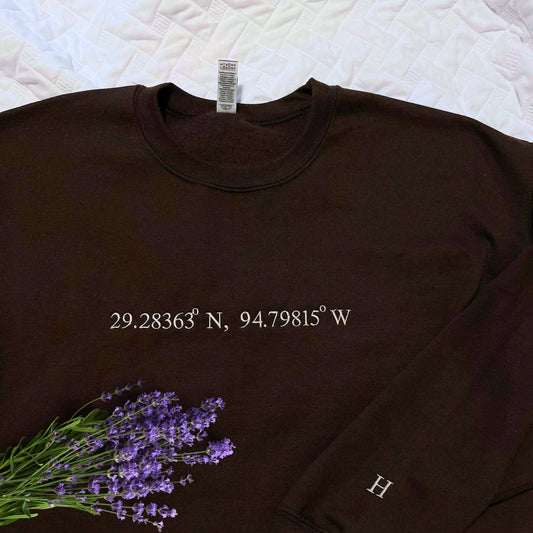 Custom Embroidered GPS Location Coordinates Sweatshirt Hoodie with Initials on Sleeve