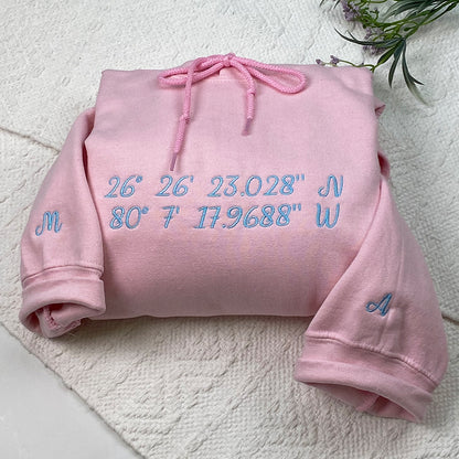 Custom Embroidered GPS Location Coordinates Sweatshirt Hoodie with Initials on Sleeve