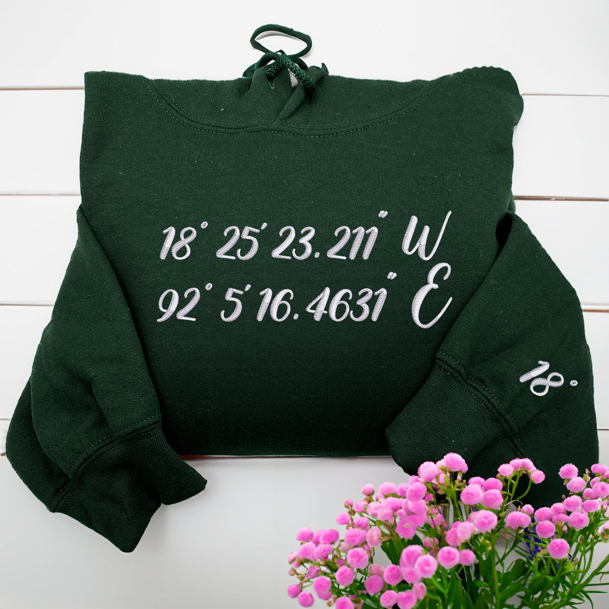 Custom Embroidered GPS Location Coordinates Sweatshirt Hoodie with Initials on Sleeve