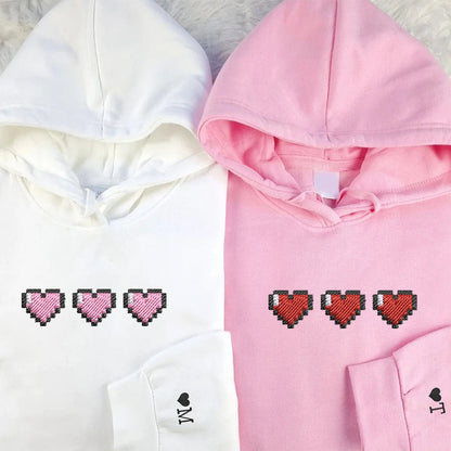 Custom Embroidered Gamer Pixel Hearts with Initial on Sleeve, Cute Gift for Couple