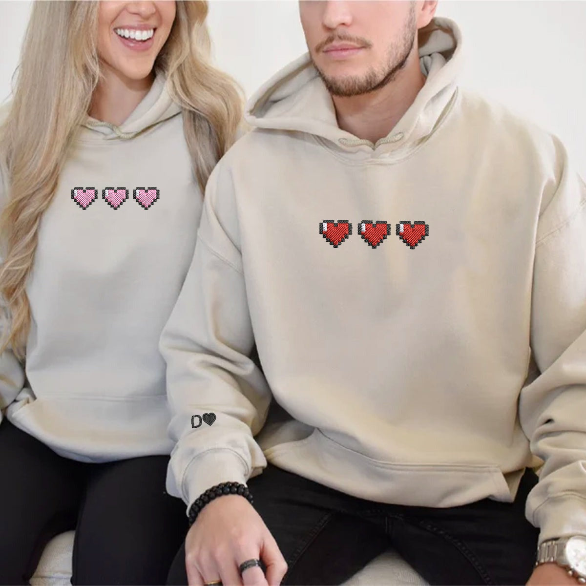 Custom Embroidered Gamer Pixel Hearts with Initial on Sleeve, Cute Gift for Couple