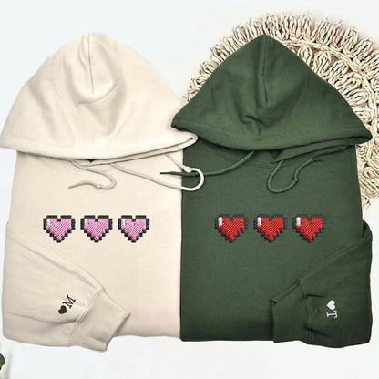 Custom Embroidered Gamer Pixel Hearts with Initial on Sleeve, Cute Gift for Couple