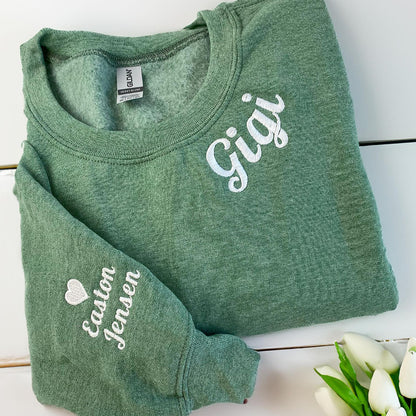 Custom Embroidered Gigi Sweatshirts & Hoodies - Personalized Crewneck with Grandkids Name on Sleeve