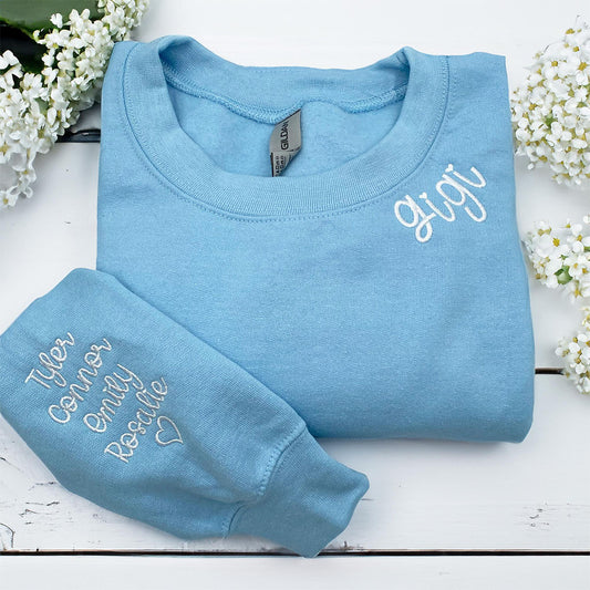 Custom Embroidered Gigi Sweatshirts & Hoodies - Personalized Crewneck with Grandkids Name on Sleeve