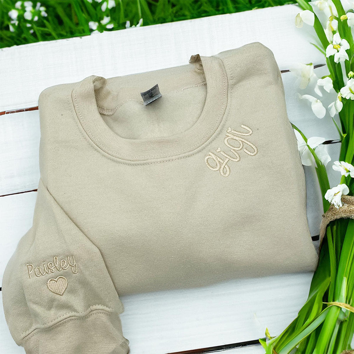 Custom Embroidered Gigi Sweatshirts & Hoodies - Personalized Crewneck with Grandkids Name on Sleeve