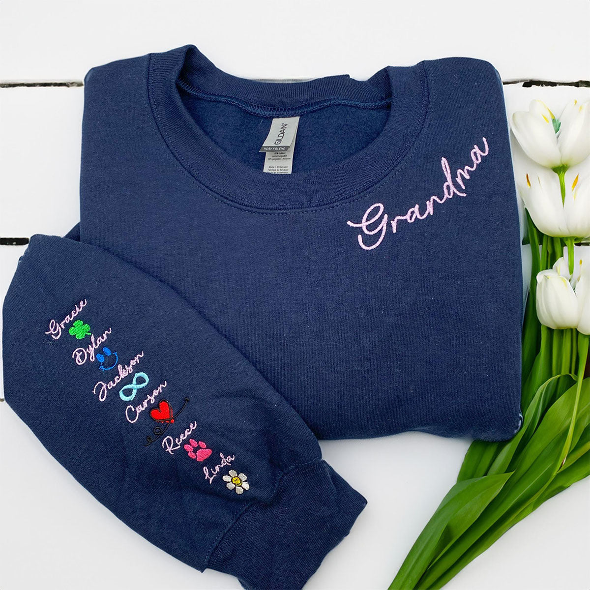 Custom Embroidered Gigi Sweatshirts & Hoodies - Personalized Crewneck with Grandkids Name on Sleeve